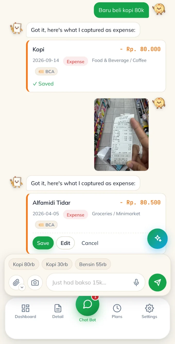 inputIn chat bot logging a coffee and a receipt