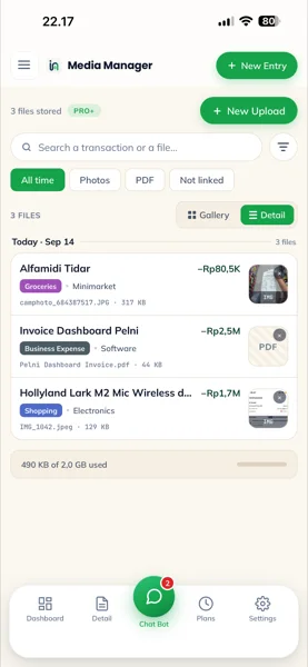 Media Manager showing photo receipts and a PDF invoice