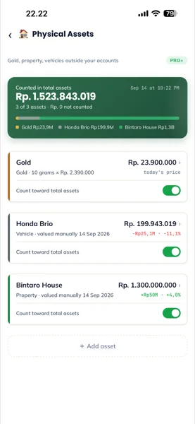 Physical Assets screen including gold, Honda Brio and Bintaro House